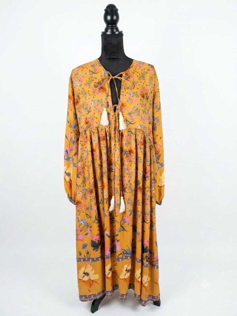 R.Vivimos Mustard Yellow Boho Floral Tassel Maxi Dress Peasant 2XL 70s Vibe NWT - Picture 3 of 13